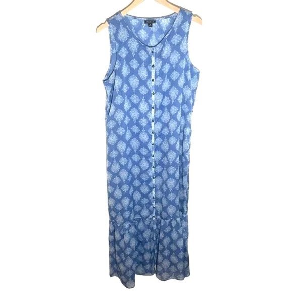 Lucky Brand Blue Ikat Maxi Dress Small Sleeveless Ruffle Bottom Buttons - Picture 3 of 12